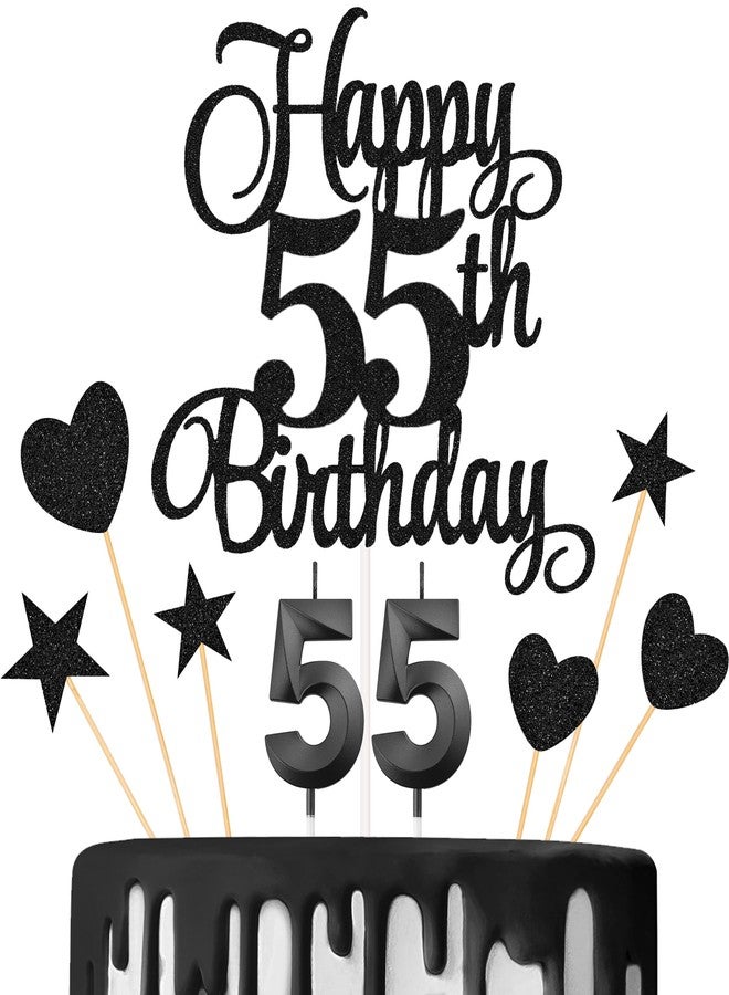 Lecferrarc 55th Birthday Cake Decorations, 55th Birthday Candles Cake Numeral Candles and Glitter Happy 55th Birthday Cake Toppers Set for Birthday Party Supplies (Black) - Image 1